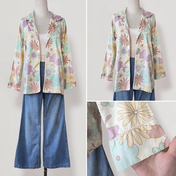 Shabby Chic Floral Pastel Jacket Oversized S Cottage 100% Cotton Hippie 70s Boho - Picture 1 of 7